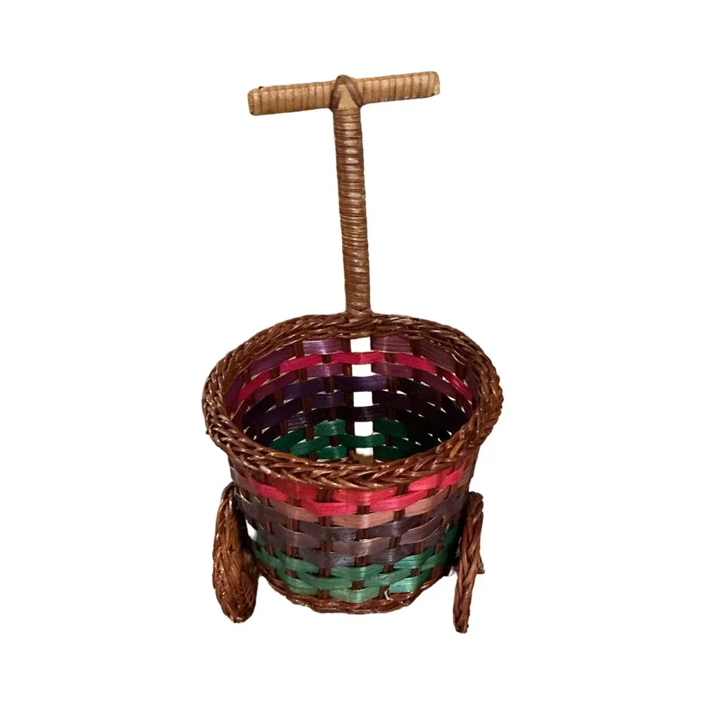 Vintage Miniature Wicker Cart Basket Woven Colorful Stripe Decorative Trinket